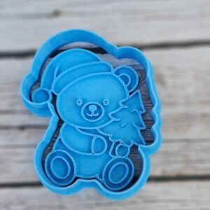 Teddy Bear Holding Christmas Tree Cookie Cutter – Holiday Series – 3” and 4.75” Sizes – Stamp